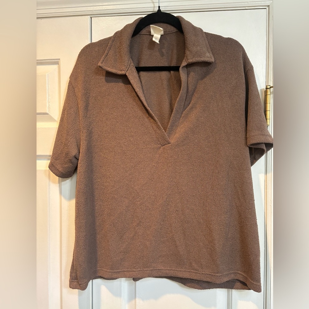 H&M Brown Knit Short Sleeve Collared Sweater